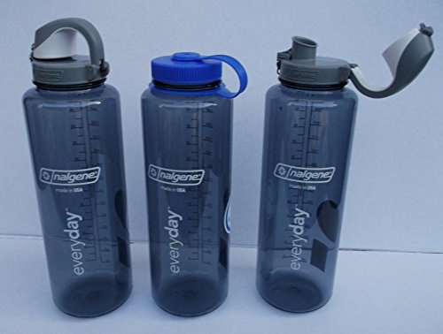 Nalgene SILO Everyday 1,5 L Grau mit OTF Einhandverschluss + 63 mm Drehverschluss 1 Flasche 2 Verschlüsse