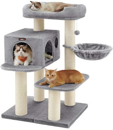 Feandrea Kratzbaum für große Katzen, XXL, hochbelastbar, Katzenturm mit 6 extra dicken Kratzsäulen, große Plattform, Höhle, Korb, flexibel aufbauen, abnehmbare, waschbare Kissen, hellgrau PCT01W