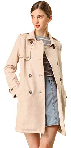 Women's Notched Lapel Double Breasted Faux Suede Trench Coat Jacket with Belt, Apricot, M