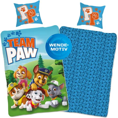 Paw Patrol - Biancheria da letto 135 x 200 cm, 80 x 80 cm, motivo double-face, per bambini, in cotone, Öko-Tex Standard 100
