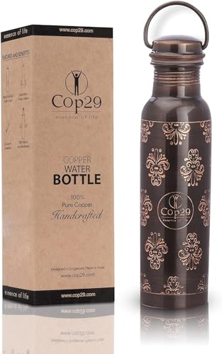 Cop29 Bouteille d'eau Antique Mira en cuivre Pur de qualité supérieure gravée à la Main avec poignée et bienfaits ayurvédiques pour la santé, 900 ML / 30 oz