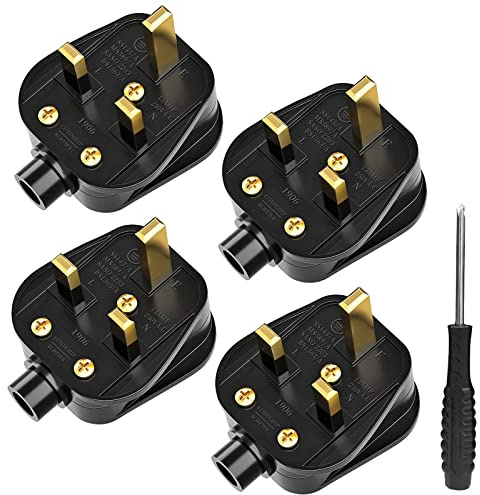 UK Plugs with 13 AMP Fused, 3 pin Mains Plug with Cord Grip Rewireable Heavy Duty Electrical Plug, Rubber Composite Plug, 4 Pack - Black