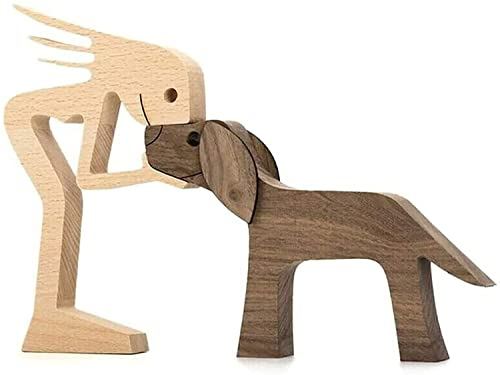 Holzskulpturen, handgefertigte Akzente, Bastelfigur, Familienwelpe, Holzschnitzornamente, schöne Massivholz-Skulptur, Haustierliebhaber, Geschenke, Holzskulptur (Frauen und Hund)