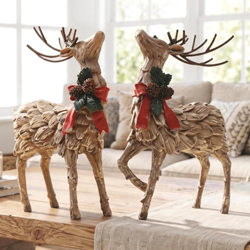 Topadorn Christmas Deer StatueResin Holiday Reindeer Figurine Decoration Christmas Deer Tabletop Statue Decor, 2 Pack