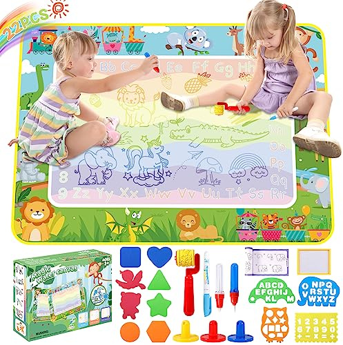 DICLLY 120x90cm Super Groß Aqua Doodle Matte - Wasser Malmatte für Kinder 1-6 Jahre,Magic Zeichenmatte mit Wasserstift & Stempel Zubehör - Wiederverwendbare Zeichenmatte für Junge Mädchen