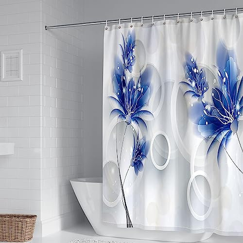 Aotiwe Duschvorhang über Eck, Badewanne Duschvorhang Geometrische Blume Weiß Blau Polyester 150X180cm