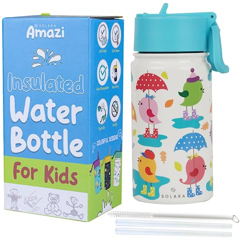 SOLARA Borraccia per bambini | Bottiglia d'acqua per bambini | Bottiglia per bambini | Bottiglia per bambini in acciaio inox | Bottiglia d'acqua per bambini | Bottiglia di paglia per bambini | Uccelli