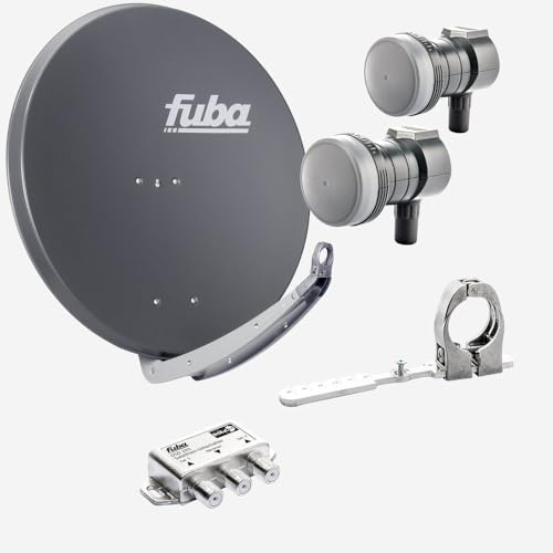 Fuba Sat Anlage 1 Teilnehmer - 2 Satelliten | Satellitenschüssel Komplettset - DAA 850 A Sat-Schüssel 85cm Alu anthrazit + 2X Single LNB 1 Teilnehmer + Multifeedschiene + DiSEqC-Schalter (HDTV/4K/8K)