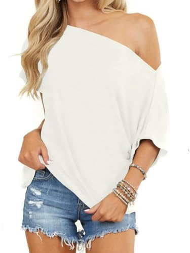 Eniloyal Off The Shoulder Tops for Women Short Sleeve Trendy T Shirts Loose Batwing Summer Going Out Oversized Blouse Tunic White