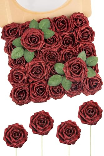 N&T NIETING künstliche Blumen Glitter Rose, 25 Stück gefälschte Rosen Blumen mit Stängeln Real Touch Faux Schaum Rosen für Hochzeit Sträuße Party Büro Baby Dusche Home Weihnachtsdekoration (Rot)