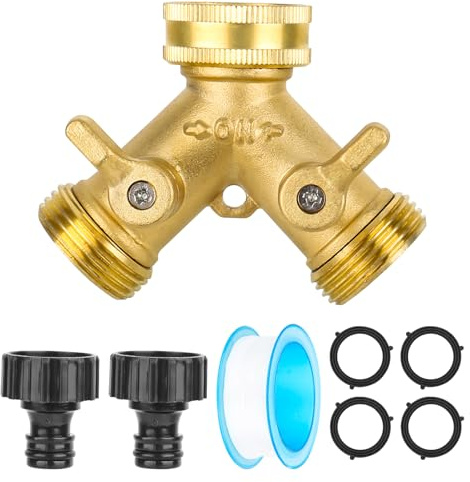 2 Way Brass Garden Tap Splitter - Double Way 3/4 Hose Connector Tap with Individual On/Off and 2 Quick Connectors