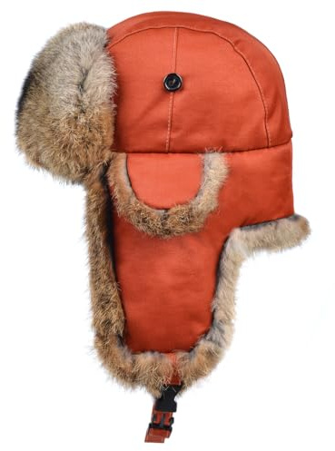 Harssidanzar Fliegermütze wasserdichte Winter Kaninchen Pelz Hüte Gefüttert Trappermütze Aviatormütze Ushanka Bomber Hut für Herren und Damen CU606EU, Rostrot, Größe XL