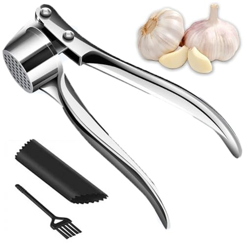 Professional Kitchen Garlic Press, Peeler Squeezer Heavy Duty Garlic Presser, Stainless Steel Premium Garlic Press Crusher Set, Easy to Clean, with Garlic Peeler & Brush