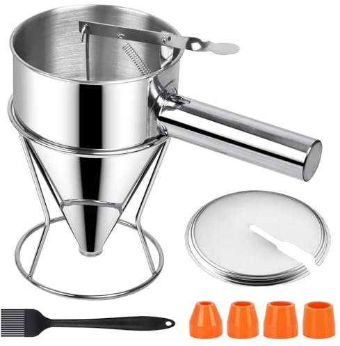 POFIBO Pfannkuchen Teigspender - 1200ml Teigportionierer mit Deckel, Edelstahl Teigspender mit Ständer, Wird mit Deckel, Silikonbürste und 4 Ersatzdüsen Geliefert, für Pfannkuchendesserts