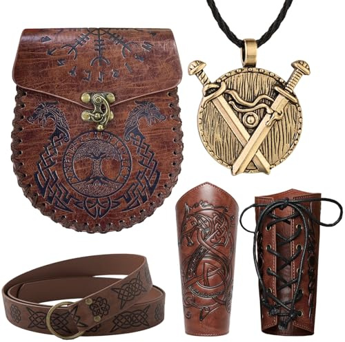 XIEXIESHER Wikinger Kleidung, 6 Stk Mittelalter Kleidung Damen Herren, Armschutz Bogenschießen, Armschienen Mittelalter, Mittelalter Gürtel Damen, Wikinger Deko für Halloween Cosplay Wikinger Kostüm