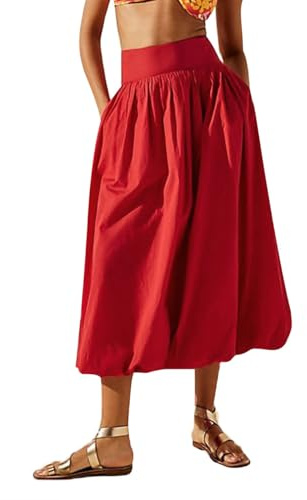 YILEEGOO Gonna lunga da donna Y2k Bubble Maxi Gonna bassa casual elastica in vita A Line Gonna lunga estiva con volant a palloncino gonna midi, Rosso, M