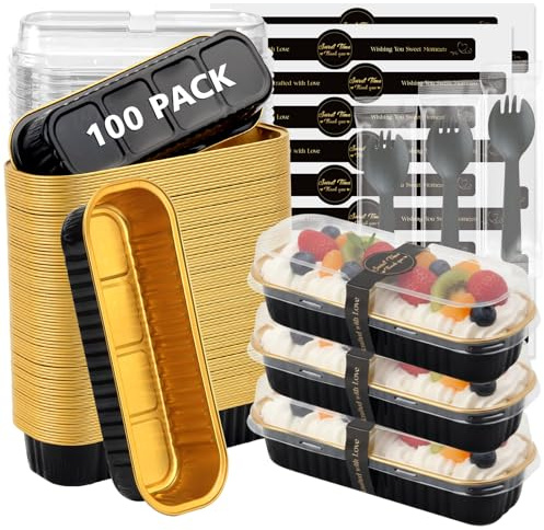 Ruckae 100 Pack Mini Loaf Pan Mini Loaf Baking Pans with Lids and Spoons,Disposable Aluminum Foil Pans, Rectangle Tin Foil Pans with Lids for Home, Pary, Picnics (Black Gold)