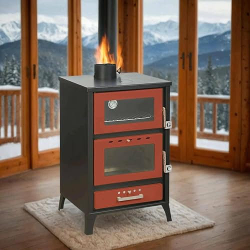 Dmora - Stufa a legna Dtempestill, Caminetto a legna, Focolare a legna, Stufa rustica, Made in Italy, 59x51 h92 cm, Rosso