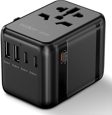 ocdun Universal Travel Adapter 30W, Worldwide Plug with 3 USB-C (1 PD 30W), 2 USB-A, AC Socket, International Charger for UK, EU, US, AU, Thailand, and More – All-in-One Adapter (Black)