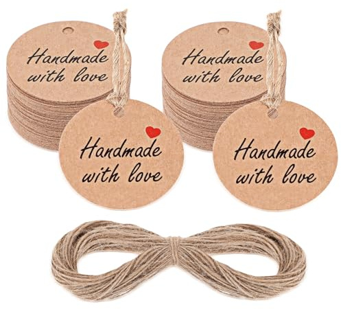 Ymapinc 100 etiquetas redondas de regalo para etiquetar, 3 cm, hechas a mano, hechas a mano, con cuerda de cáñamo de 20 m, para Navidad, bodas, cumpleaños