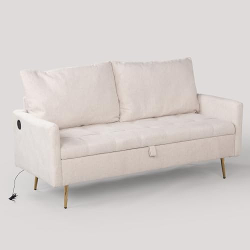 Meuble Cosy Canapé 2 Places en Tissu avec Ports USB et Espace de Stockage pour Salon, Appartement, Cadre en Bois Massif, Pieds en métal, Beige