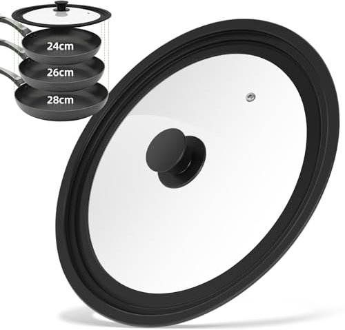 Aevcvok Couvercle Universel, Noir 3 Tailles Couvercle Poele en Verre, Ø 24/26/28 cm en Silicone Résistant à Chaleur et Trou Vapeur, pour Casseroles et Poêles