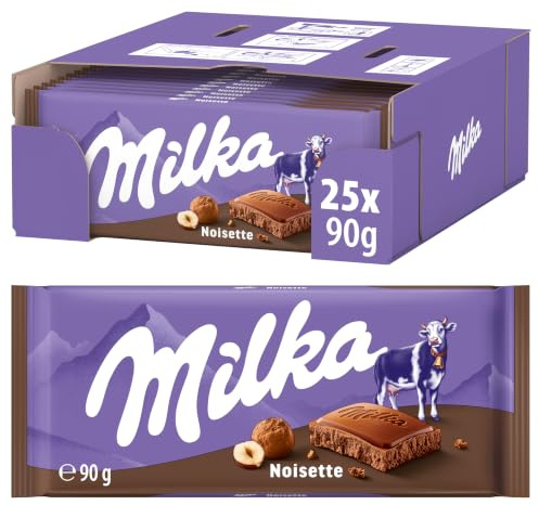 Milka Noisette Alpenmilch Schokoladenriegel, 90 g (25er-Pack) | Cremige Haselnussfüllung in zarter Alpenmilchschokolade, einzeln verpackte Riegel für Frische