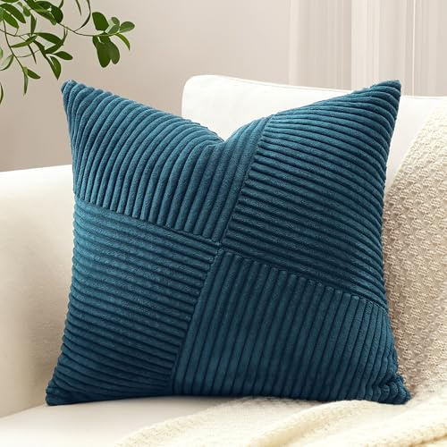 Sungeek Juego de 1 Funda de Cojín de Pana Suave 45x45 cm Fundas de Almohada Decorativas con Patchwork de Molinillos a Rayas Funda Cojines para Sofá Cama Dormitorio Sala de Estar, Azul Polvo