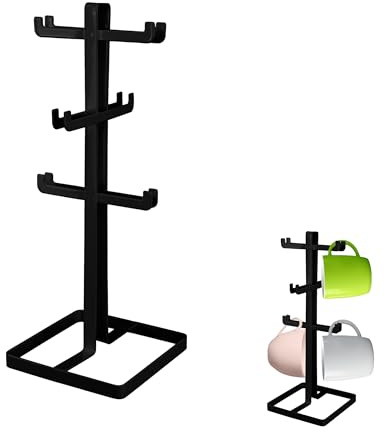 LIN HOME Soporte para Tazas Metal con 6 Ganchos, Organizador de Cocina Blanco o Negro, 38,5 cm Alto, Ahorra Espacio y Ordena tus Tazas XZ-23182