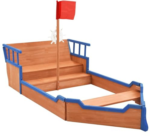 Gecheer Piratenschiff Sandkasten aus Holz mit Abdeckung, Sandkasten mit Dach, Outdoor Spiele für Kinder, Tannenholz 190x94,5x101 cm