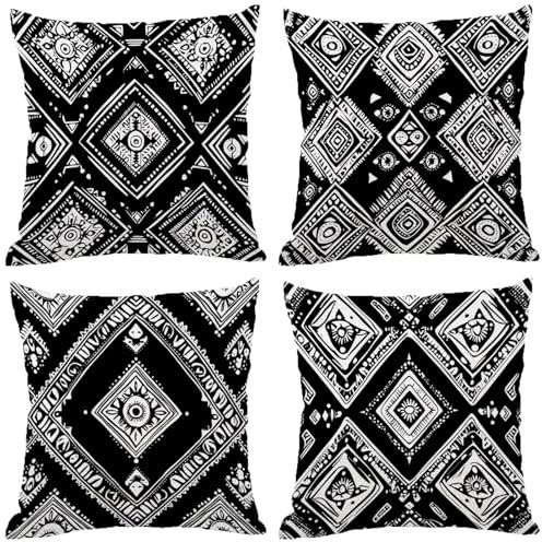 Fodere Cuscini da Esterno Impermeabili, Geometria Federe Cuscini Divano 70x70 Quadrate Set di 4, Doppia Faccia Stampa Lino Cushion Covers Nero Cerniera Invisibile per Room Decor, Regalo Donna Z-453