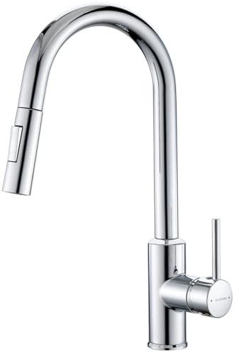 KeeGone Wasserhahn Küche, Hochdruck Küchenarmatur mit ausziehbarer Brause Spültischarmatur, ausziehbarer Wasserhahn, 360° schwenkbar zwei Brausefunktionen Chrom