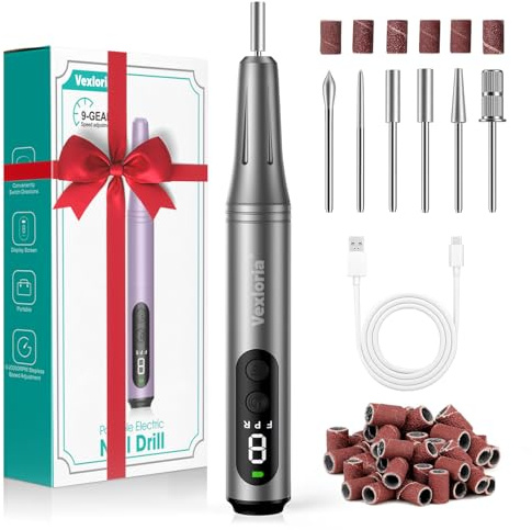 Vexloria Torno para Uñas, 20000 RPM Lima Eléctrica Uñas Seguro, Lima Eléctrica para Uñas de Gel y Acrílicas, Torno sin Cable con Velocidad Ajustable para Manicura y Pedicura, Gris