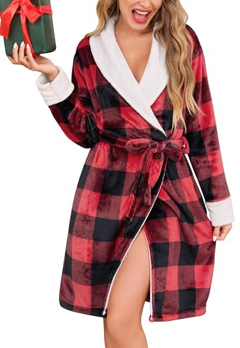 Vlazom Dam lyxig morgonrock, flanell mjuka dammorgonrockar varm fluffig badrock sjal krage myskläder & nattkläder UK 6-26, Röd, XL