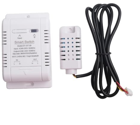 Interruptor inteligente de humedad de temperatura, WiFi/Bluetooth, modo dual con control de aplicación EWeLink, capacidad de carga de 20 A 3800 W, sensor impermeable para peceras, habitaciones de bebé