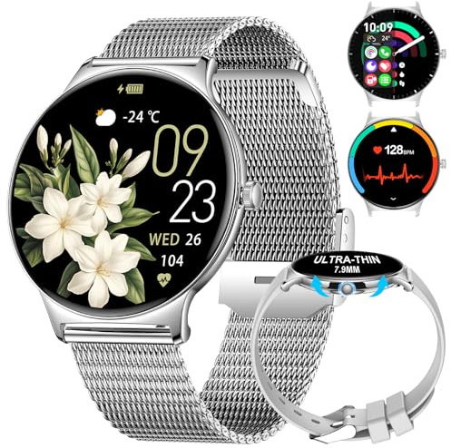 LIGE Smartwatch Damen Bluetooth Anrufe für Android iOS 1.43 AMOLED Always-on Display 7,9mm dünn Frauen Smart Watch Netz,Menstruationszyklus/Schrittzähler/Kalorien,100+ Sport Mode,FV12-J