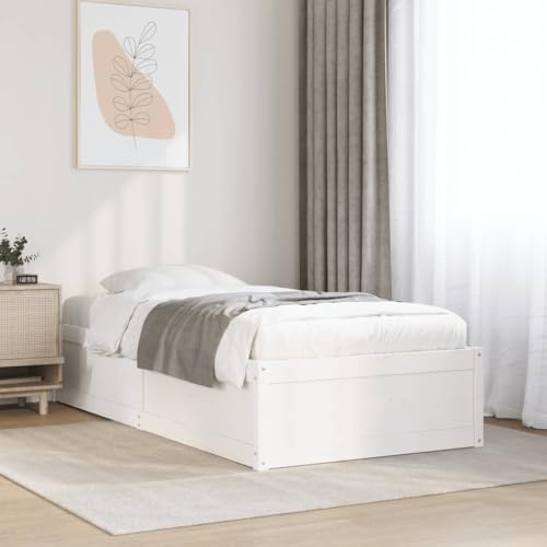 HaoChrymec Massivholzbett mit Schubladen aus Kiefernholz, Stabiler Rahmen, Modernes Design, polsterbett, einzelbett, Für Schlafzimmer & Jugendzimmer, Weiß, 90x200 cm