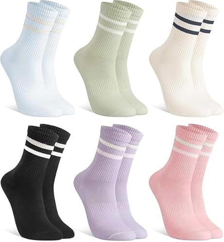 LEOUEANR 6 calcetines deportivos para mujer, de algodón, transpirables, informales, retro, a rayas, a media pantorrilla, para tenis, deporte, correr, trabajo