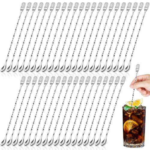 LemonRoad 50 Pcs Long Bar Spoon Bulk Cocktail Mixing Stirrers for Drink 10 Inches Stainless Steel Long Spiral Pattern Handle Stirring Spoons for Cocktails Coffee Smoothies Bar Home Kitchen, Silver