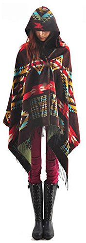 YEESAM Damen Poncho mit Kapuze, Winter Herbst Cape Umhang Fransen Schal Frauen Warm Umhängetuch Elegant Kapuzencape