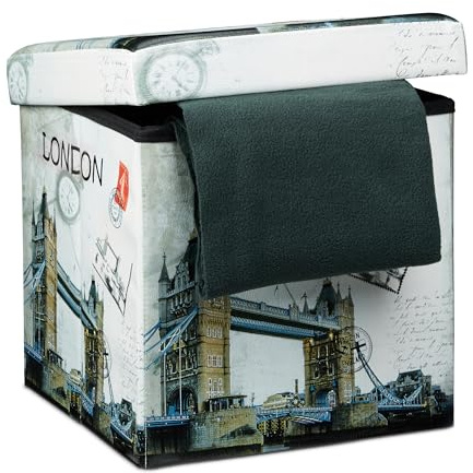 Relaxdays Faltbarer Sitzhocker 38 cm stabiler Sitzwürfel mit trendigen Motiven als praktische Fußablage als Sitzwürfel mit bedrucktem Kunstleder als Aufbewahrungsbox mit Stauraum und Deckel, London