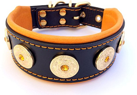 Bestia Bijou Hundehalsband mit Zierconchos. 100% Leder. Schäferhund. | Größe S- 35 bis 42.5 cm Halsumfang, für große und mittelgroße Hunde, Schwarz & Orange, 5 cm breit