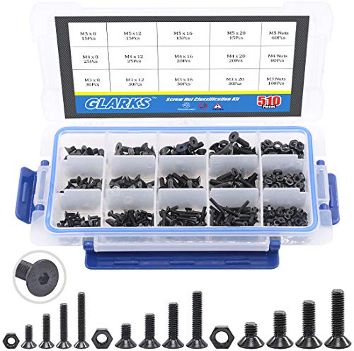 Glarks Assortiment de 510 vis métriques M3 M4 M5 en alliage d'acier avec tête hexagonale - Finition oxyde noir