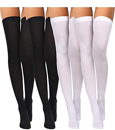 Boao 4 Pairs Women's Silk Thigh High Stockings Sheers Nylon Socks for Women Halloween Cosplay Party Tights Accessory(F Size,Black, White)