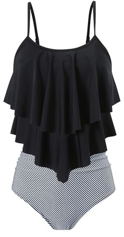 FLYILY Women Two Piece High Waisted Swimwear Tankin Sets Ruffle Ruched Bathing Suit Swimming Costume(2-BlackStripe,M)