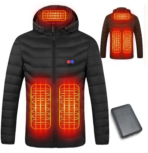 Giacca Riscaldato con Cappuccio, Giacca invernale Uomo Calda con 3 Livelli di Riscaldamento, Porta di ricarica USB, Cappotti Impermeabile per Il Lavoro All'aperto Sci (XXL, Nero opaco)