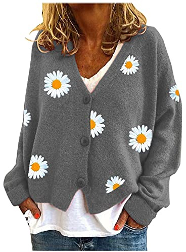 HULKAY - Suéteres de manga larga con cuello en V y estampado floral para mujer, botones, puños acanalados, tejido de punto recortado, gris, XXL