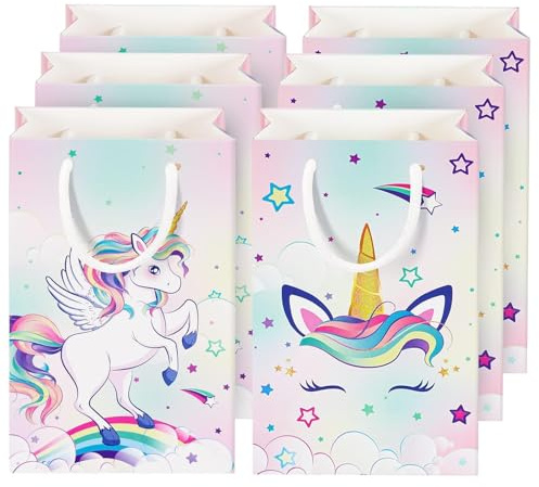 WERNNSAI Einhorn-Geschenktüten – Regenbogen-Einhorn-Partyzubehör, Goodie-Taschen für Mädchen, Kindergeburtstag, Einhörner, Partygeschenktasche mit Griffen, Süßigkeiten-Leckerli-Tasche für Babypartys