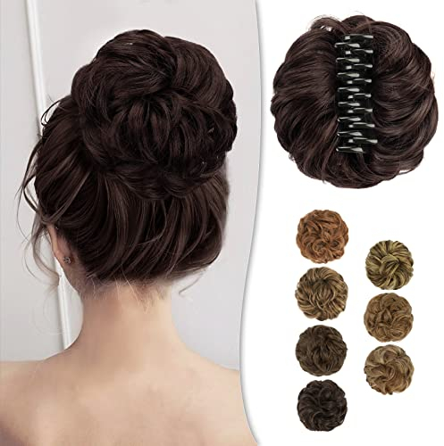 BARSDAR Claw Clip Messy Bun Hairpiece, Clip in Hair Scrunchies Curly Synthetic Hair Bun Extensions for Women Ponytail Updo Hair Donut Chignon, 2/33# Natural Black mix Chestnut Brown Evenly, 1.0 count
