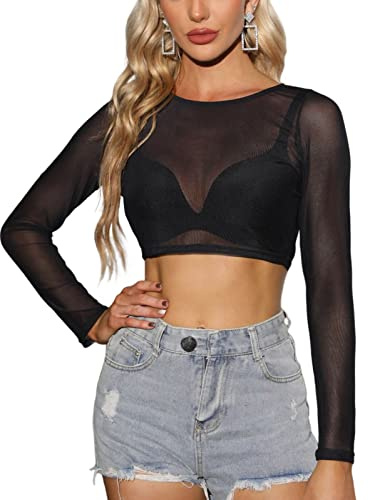 CMTOP Transparent T-shirt Dam Blus Elegant Långärmad Rund Hals Top Casual, F, L